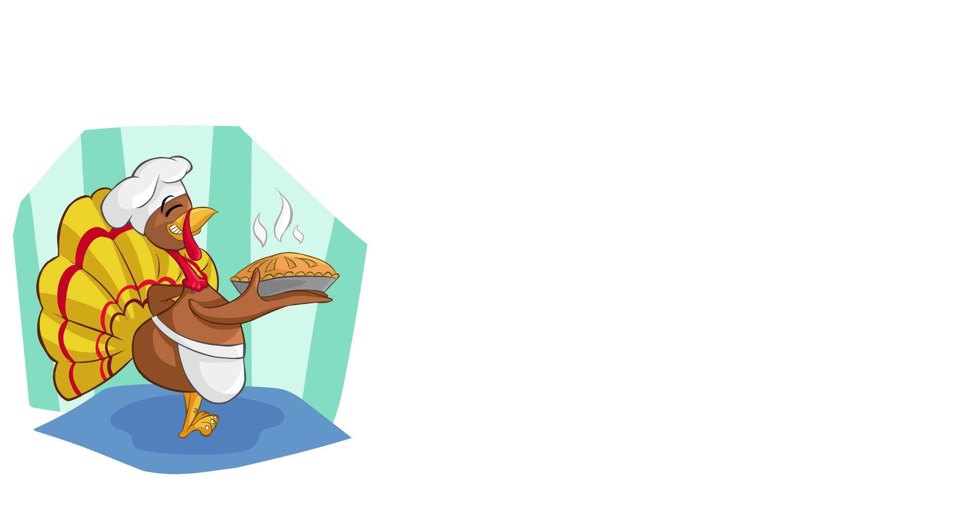 Place card with a cartoon turkey in a chef hat holding a pie