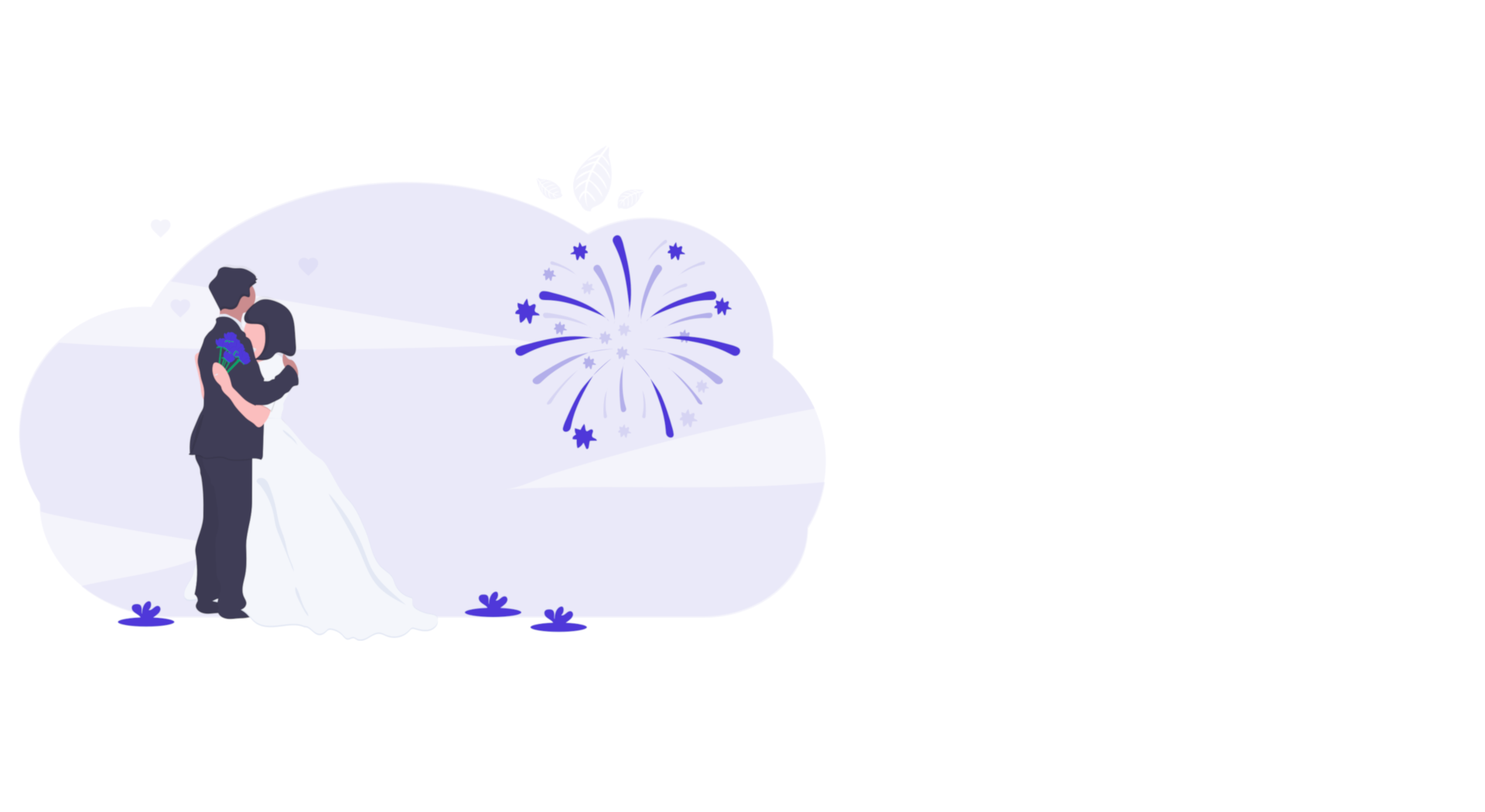 Place card with an illustrated bride and groom under purple fireworks