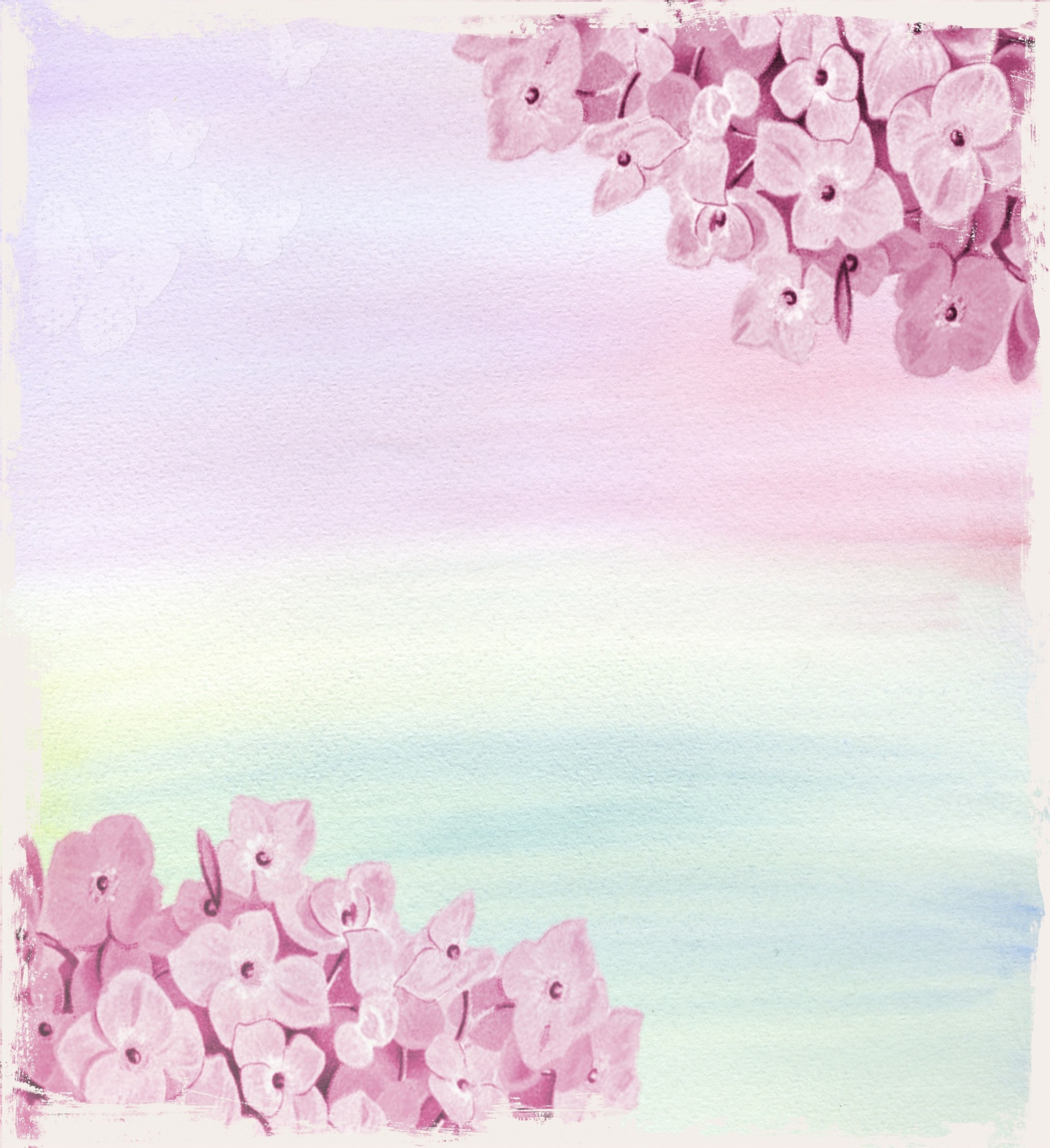 Place card with pink blossoms in the lower left over a pastel watercolor wash