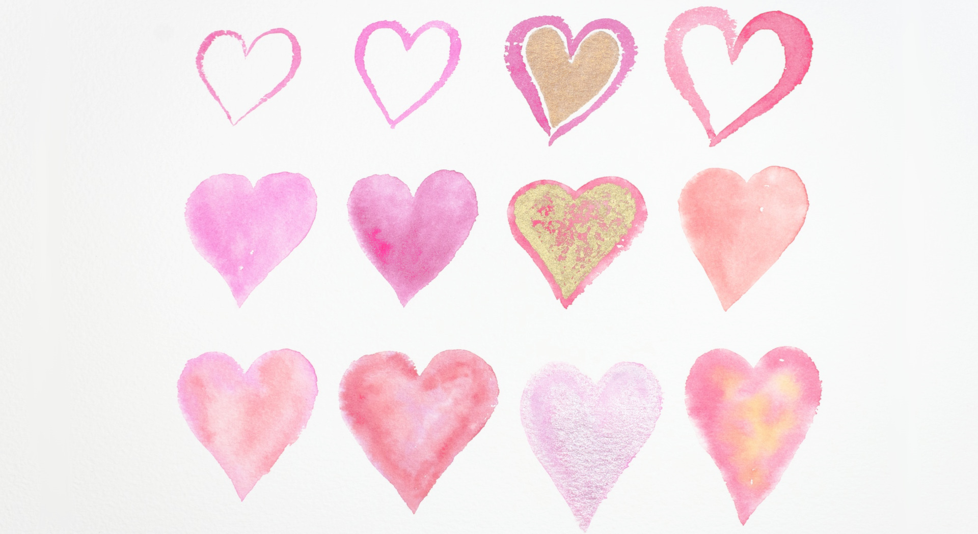 Place card with a grid of pink and coral watercolor hearts