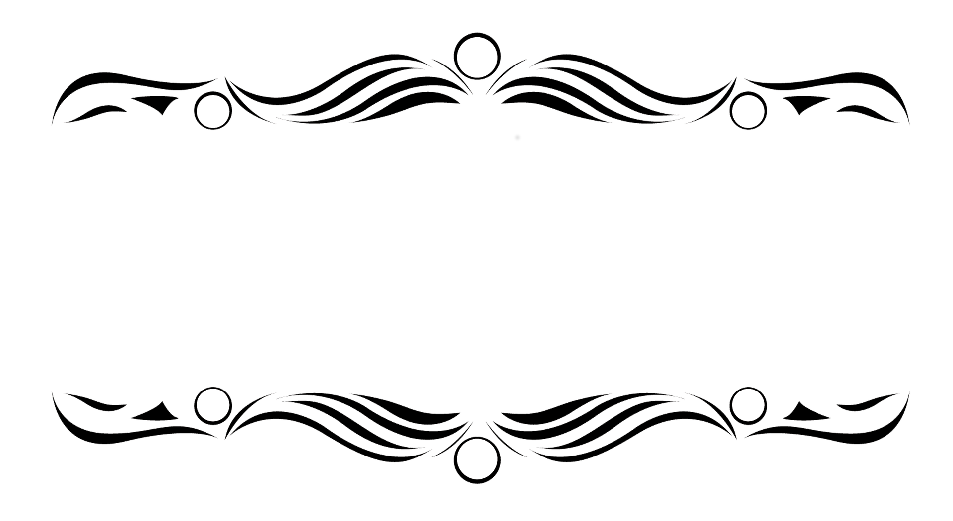 Place card with black wave flourishes with circles across the top and bottom