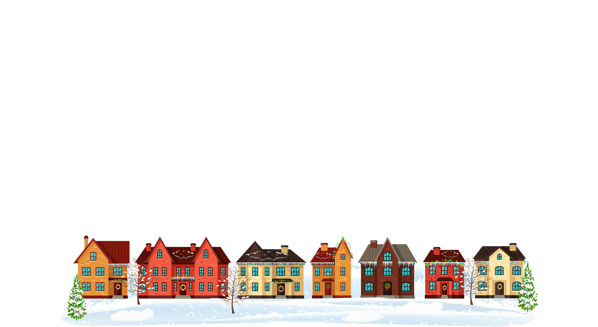 Place card with a row of snowy illustrated houses with holiday lights at bottom