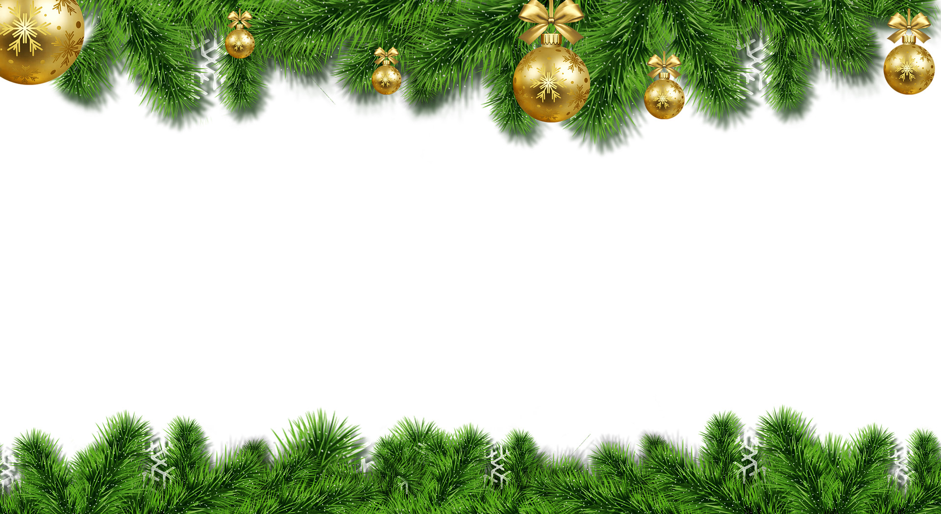 Place card with pine garland and gold ornaments along the top and bottom