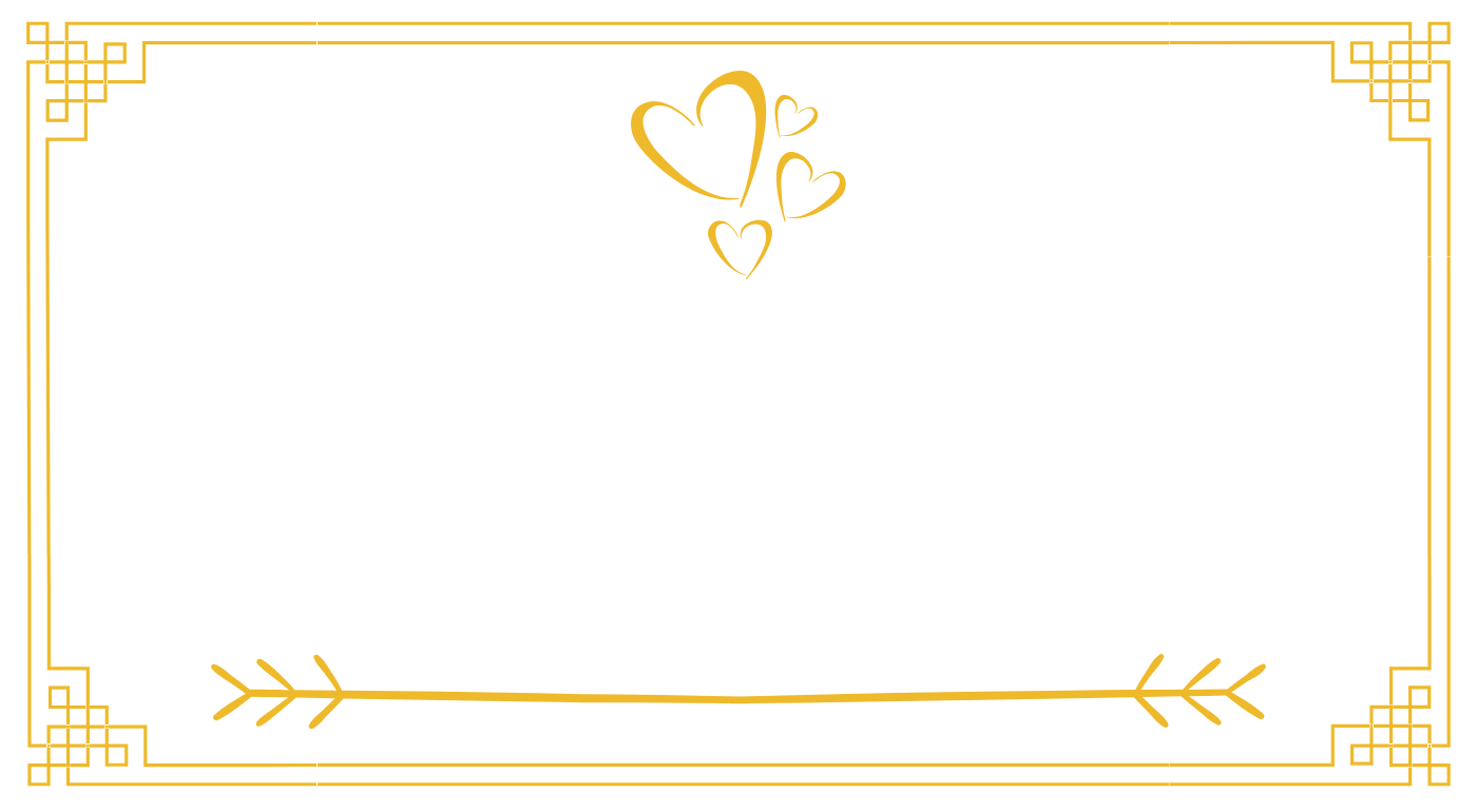 Place card with a gold geometric border, outlined hearts and a long arrow